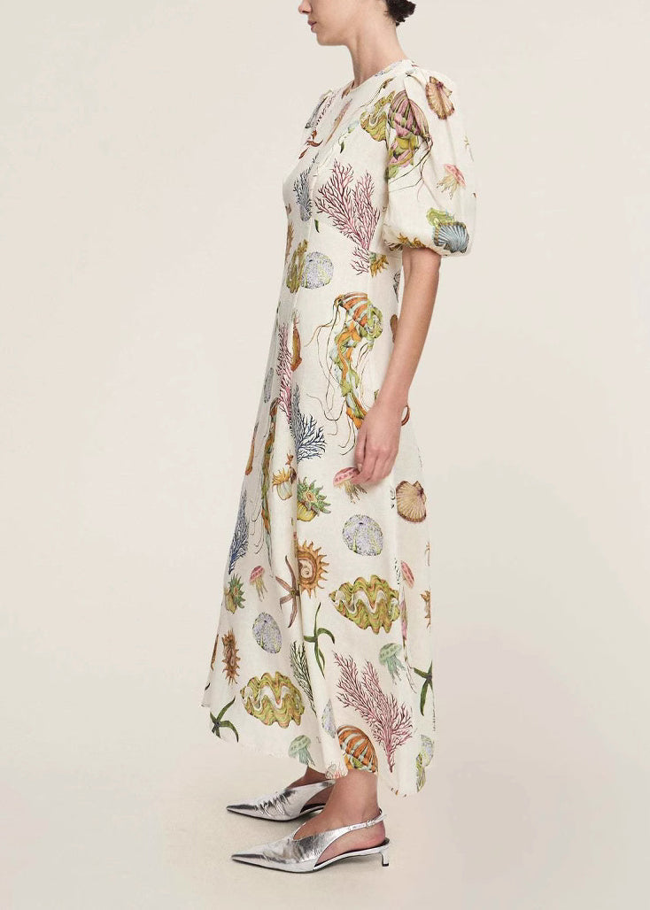 Classy O-neck Print Tunic Long Dress Short Sleeve