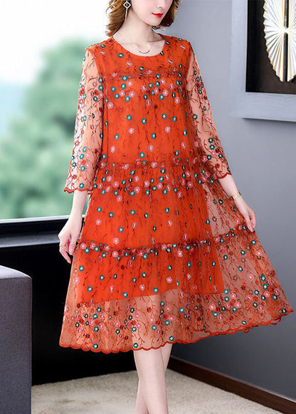 Classy Orange O-neck Embroideried Tulle Vacation Dresses Bracelet Sleeve