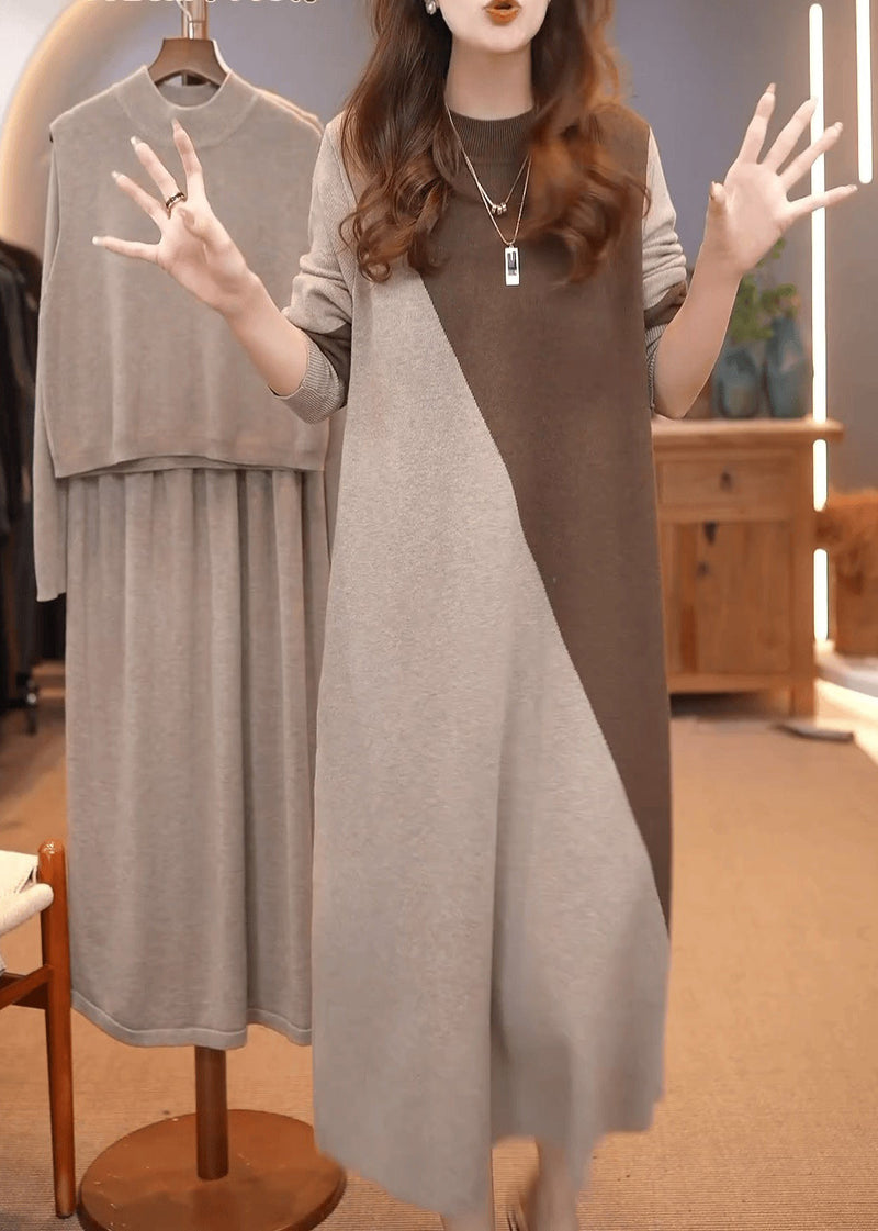 Classy Orange O-neck Patchwork Cotton Knit Sweater Dress Winter