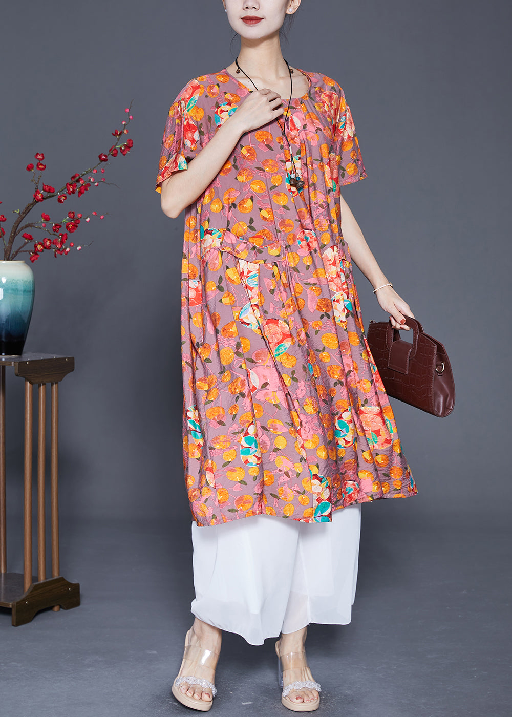 Classy Orange O-neck Print Linen Long Dress Summer
