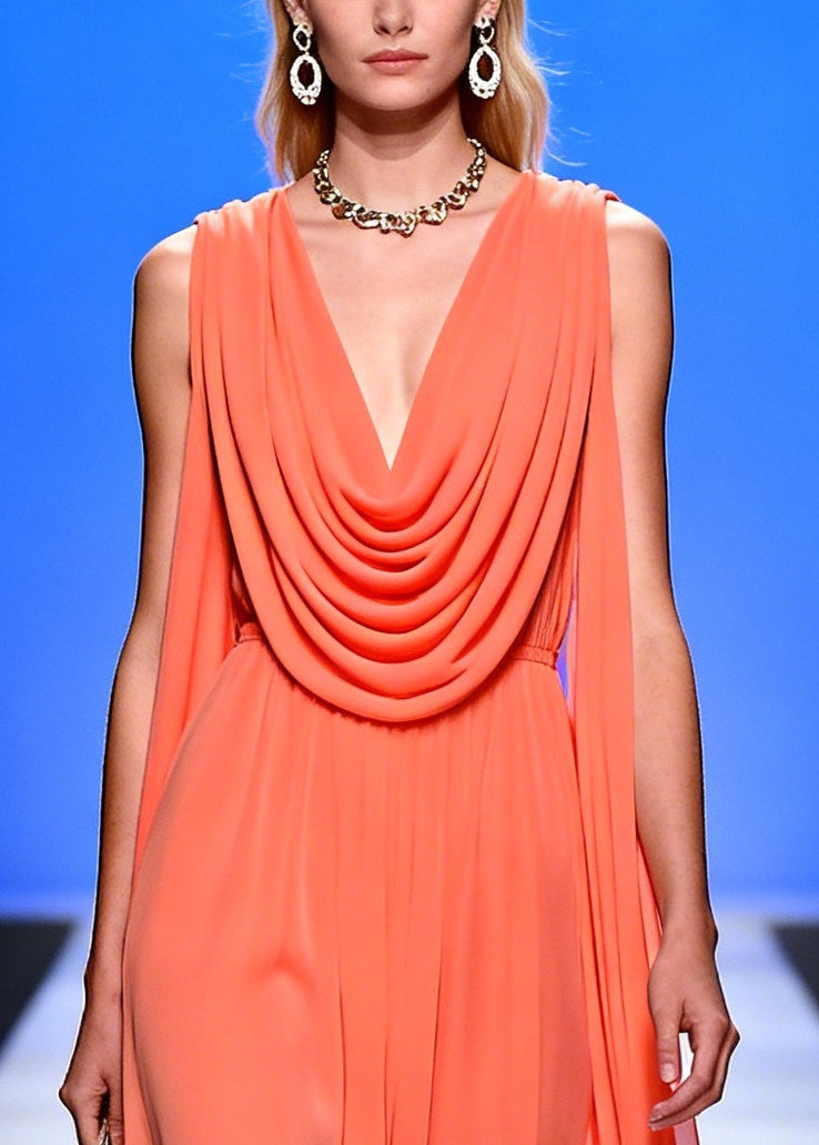 Classy Orange Turtle Neck Draping Chiffon Long Dress Summer