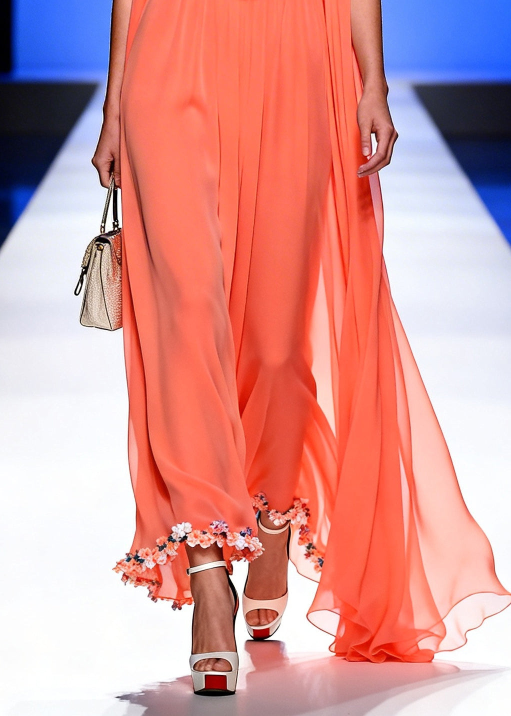 Classy Orange Turtle Neck Draping Chiffon Long Dress Summer