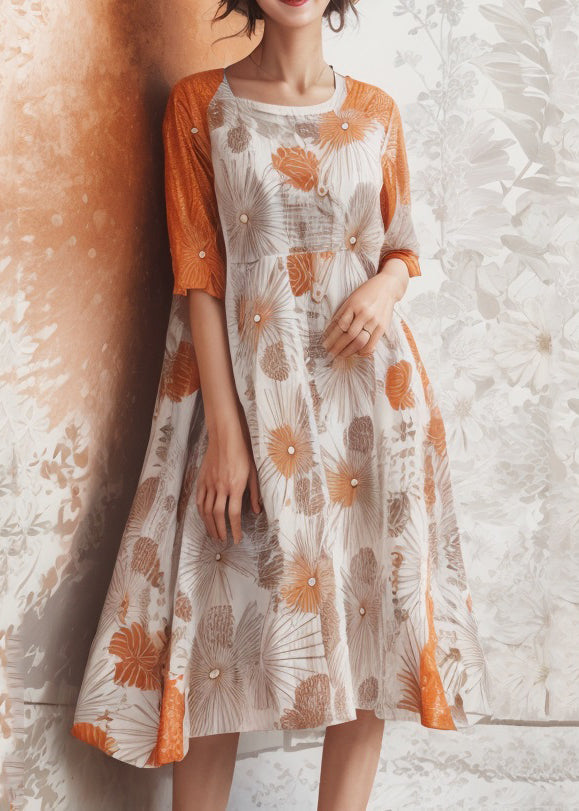 Classy Orange U Neck Print Silk Dress Summer