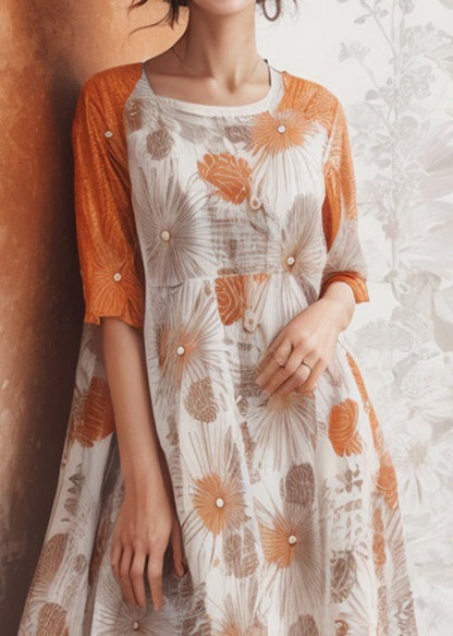 Classy Orange U Neck Print Silk Dress Summer