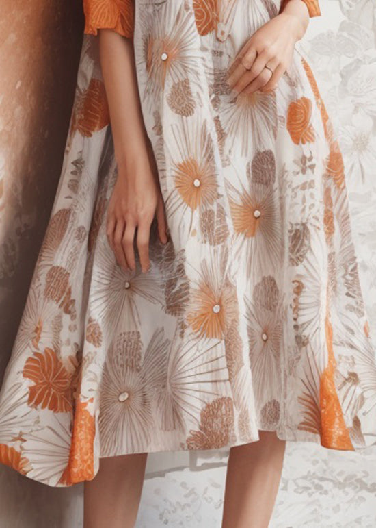 Classy Orange U Neck Print Silk Dress Summer