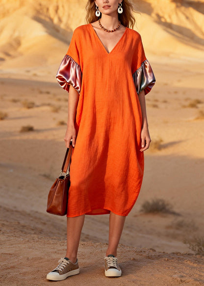 Classy Orange V Neck Patchwork Linen Silk Straight Dress Summer
