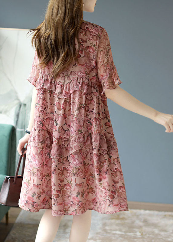 Classy Pink O-neck Ruffles Patchwork Print Silk Dresses Petal Sleeve