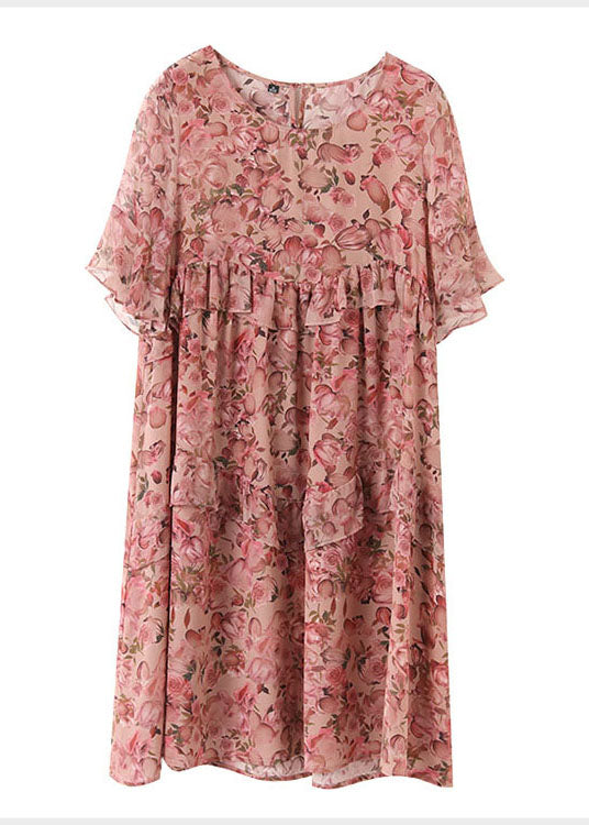 Classy Pink O-neck Ruffles Patchwork Print Silk Dresses Petal Sleeve