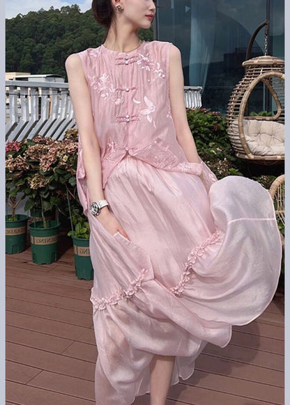 Classy Pink Embroidered Ruffled Button Cotton Two Pieces Set Sleeveless
