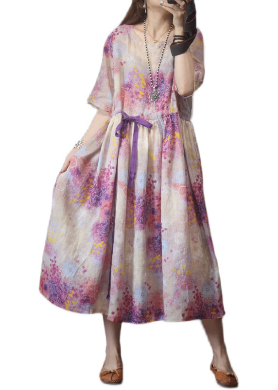 Classy Pink O-neck Drawstring Linen Mid Dress Half Sleeve