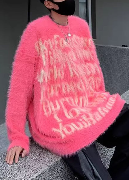 Classy Pink O Neck Letter Mink Velvet Sweater Sweater
