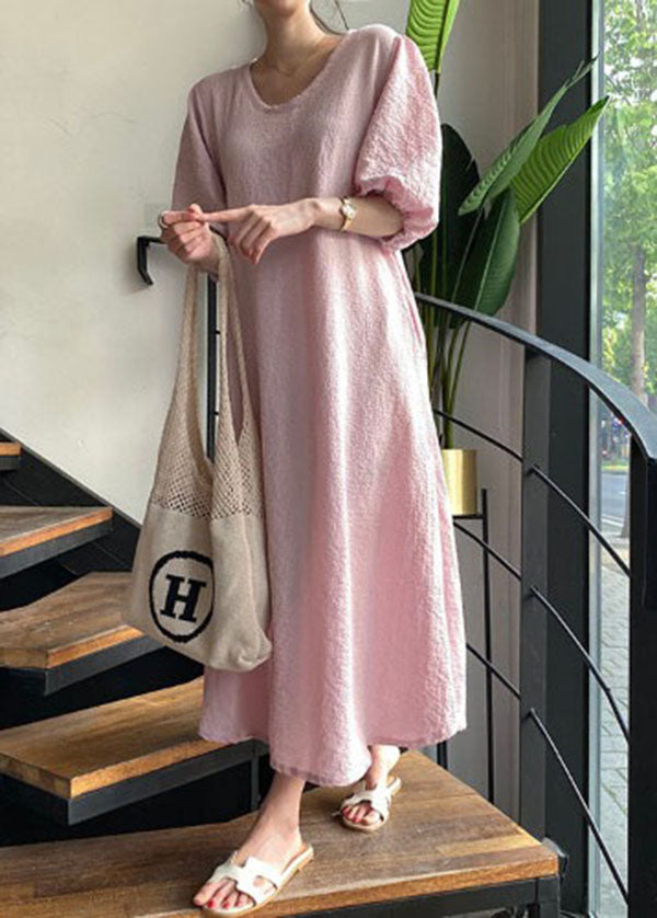 Classy Pink O-neck Oversized Wrinkled Cotton a Line Dresses Puff Sleeve