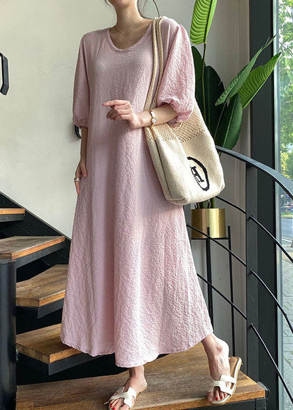 Classy Pink O-neck Oversized Wrinkled Cotton a Line Dresses Puff Sleeve
