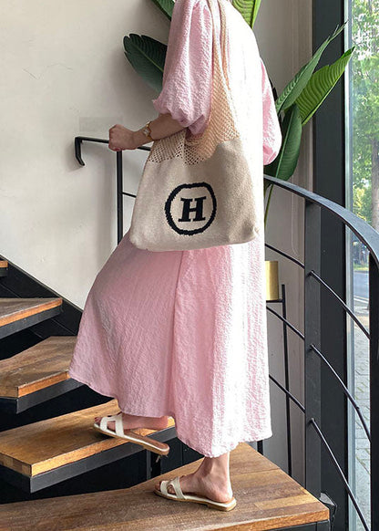 Classy Pink O-neck Oversized Wrinkled Cotton a Line Dresses Puff Sleeve