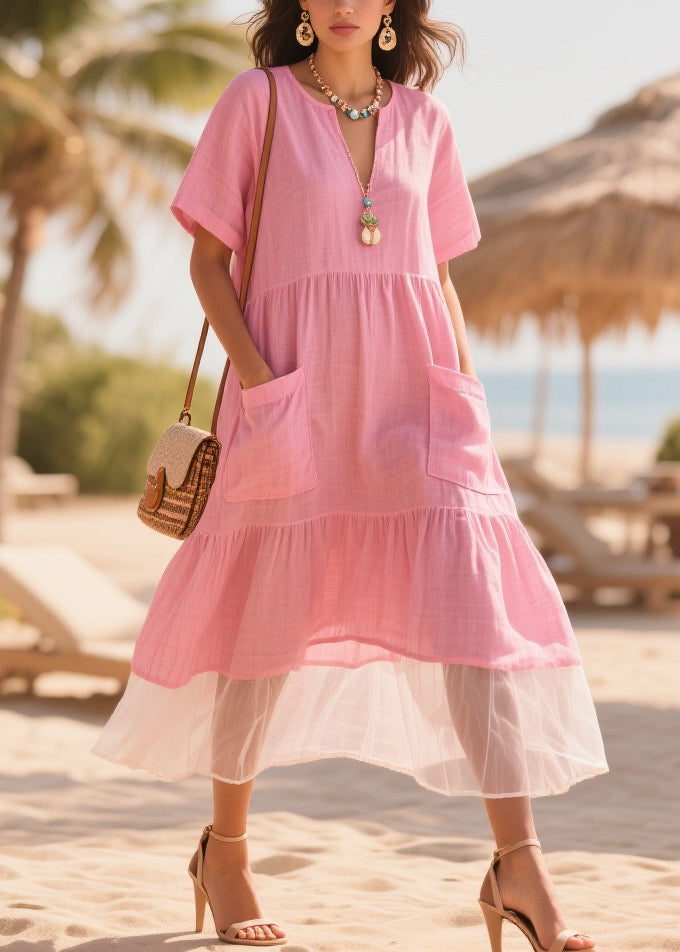 Classy Pink Oversized Patchwork Tulle Cotton Maxi Dresses Summer