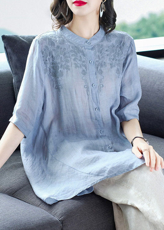 Classy Pink Stand Collar Embroideried Button Cotton Long Shirts and Pants Two Pieces Set Half Sleeve
