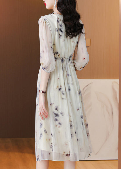 Classy Print V Neck Ruffled Drawstring Silk Dresses Summer