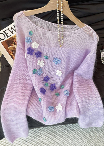 Classy Purple Hollow Out Decorated Knit Short Sweater Fall
