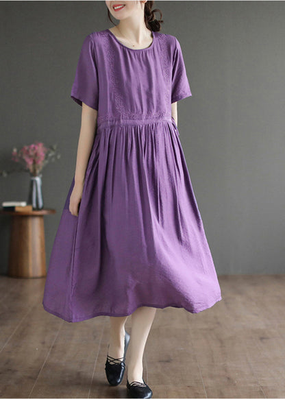 Classy Purple O-neck Embroideried Cotton Dress Summer