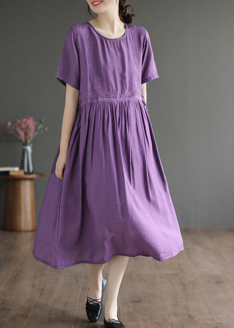 Classy Purple O-neck Embroideried Cotton Dress Summer