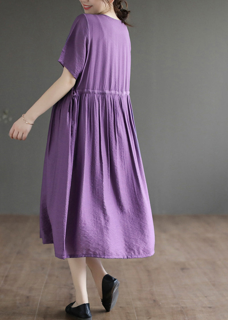 Classy Purple O-neck Embroideried Cotton Dress Summer