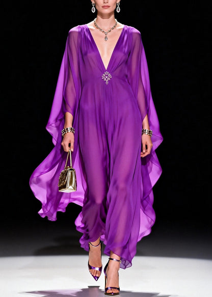 Classy Purple V Neck Chiffon Long Dress Summer