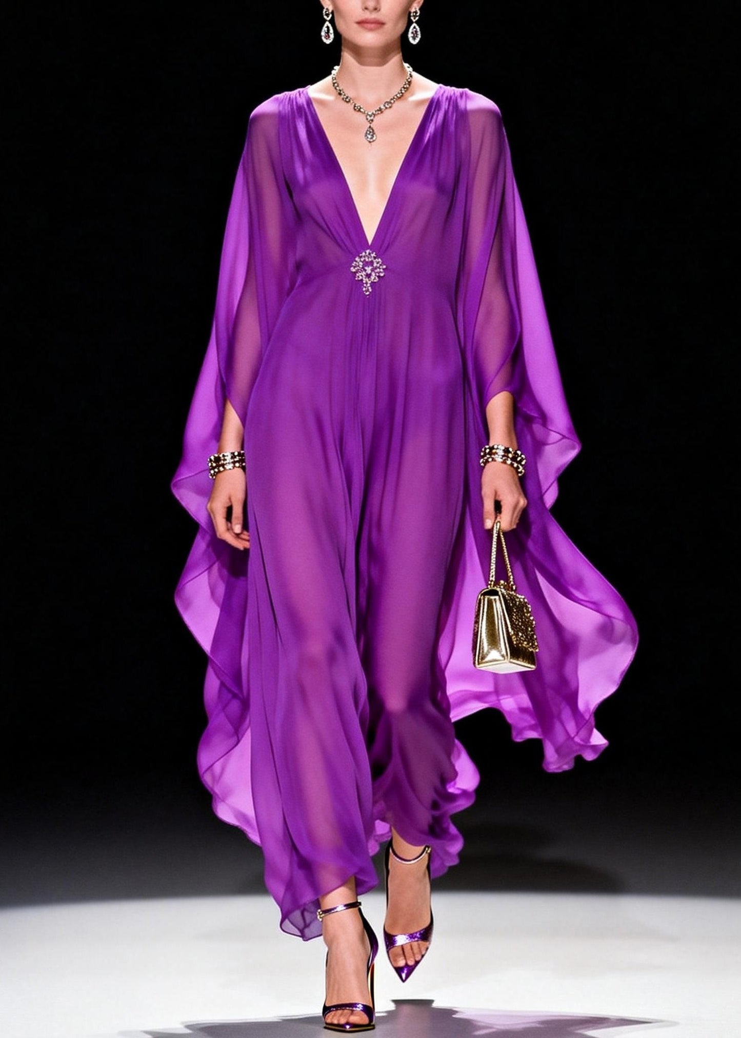 Classy Purple V Neck Chiffon Long Dress Summer