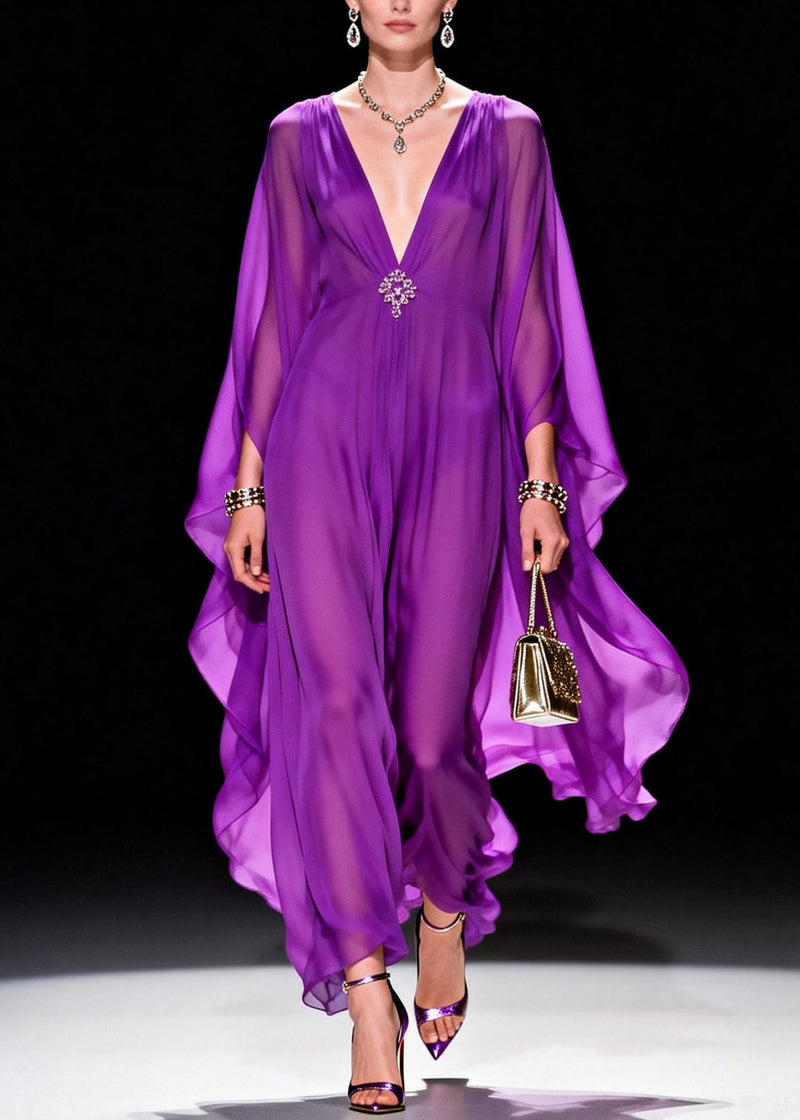 Classy Purple V Neck Chiffon Long Dress Summer