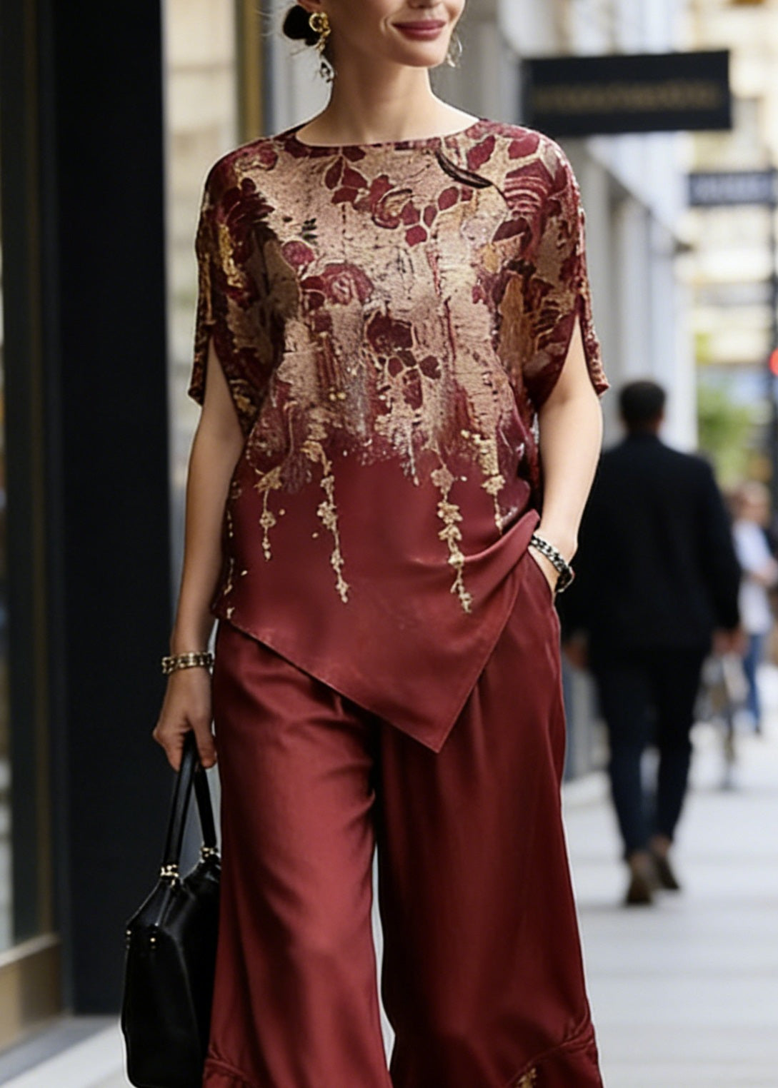 Classy Red O-neck Print Asymmetrical Silk Two Pieces Set Summer