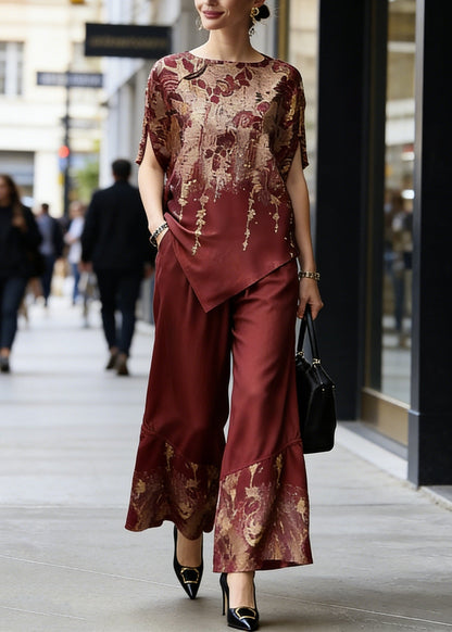 Classy Red O-neck Print Asymmetrical Silk Two Pieces Set Summer