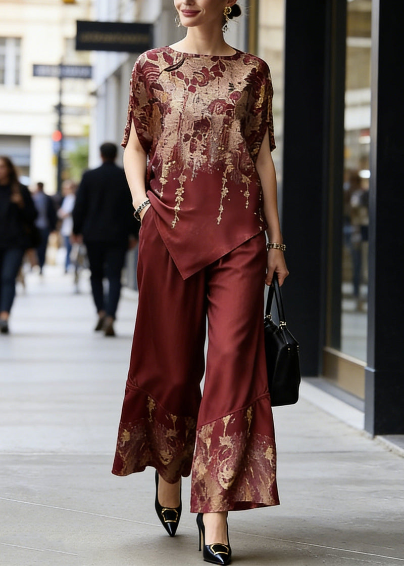 Classy Red O-neck Print Asymmetrical Silk Two Pieces Set Summer