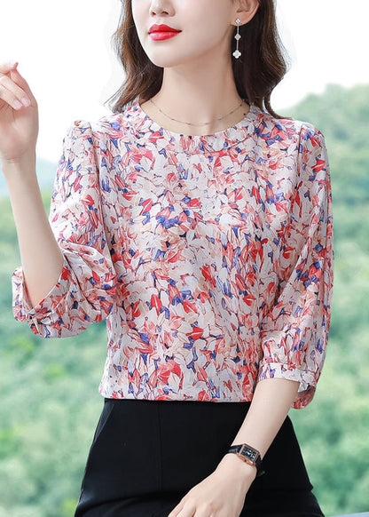 Classy Red O-neck Print Chiffon Shirt Tops Half Sleeve