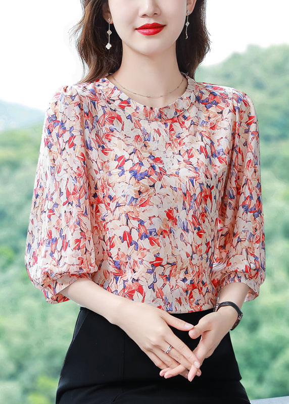 Classy Red O-neck Print Chiffon Shirt Tops Half Sleeve