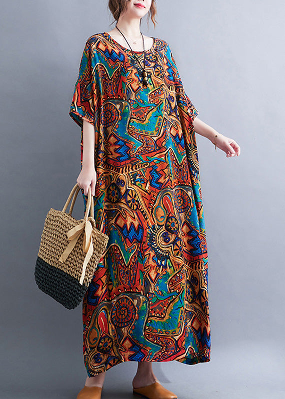 Classy Red O-neck Print Cozy Long Dresses Summer
