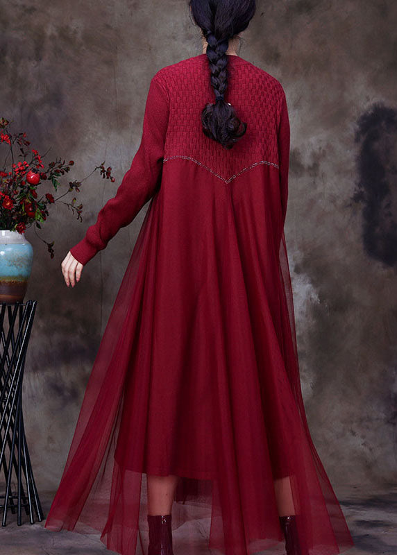 Classy Khaki O-neck Asymmetrical Design Fall Knit Dress