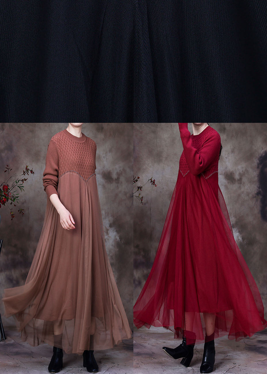 Classy Khaki O-neck Asymmetrical Design Fall Knit Dress