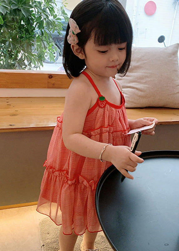 Classy Red Plaid Ruffled Patchwork Kids Chiffon Slip Mid Dress Sleeveless