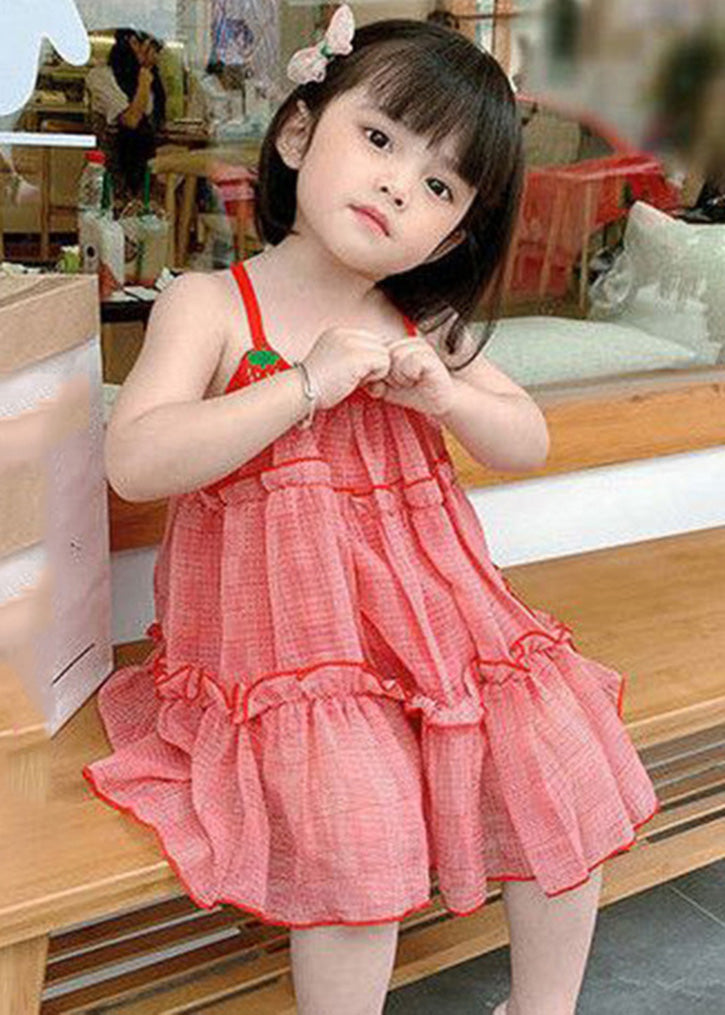 Classy Red Plaid Ruffled Patchwork Kids Chiffon Slip Mid Dress Sleeveless