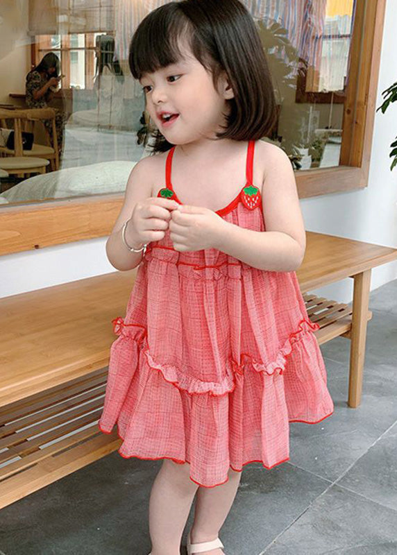 Classy Red Plaid Ruffled Patchwork Kids Chiffon Slip Mid Dress Sleeveless