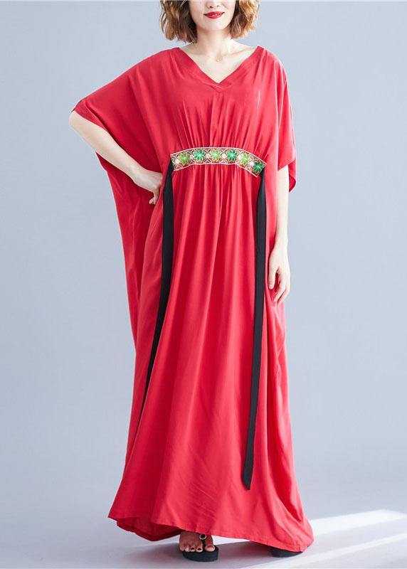 Classy Red V Neck Bow Summer Long Dresses Half Sleeve