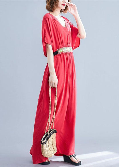 Classy Red V Neck Bow Summer Long Dresses Half Sleeve