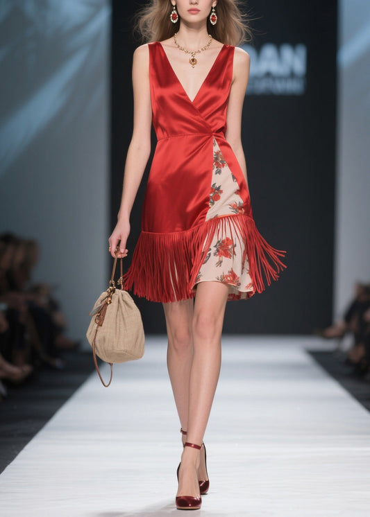 Classy Red V Neck Tassel Patchwork Silk Mid Dress Summer