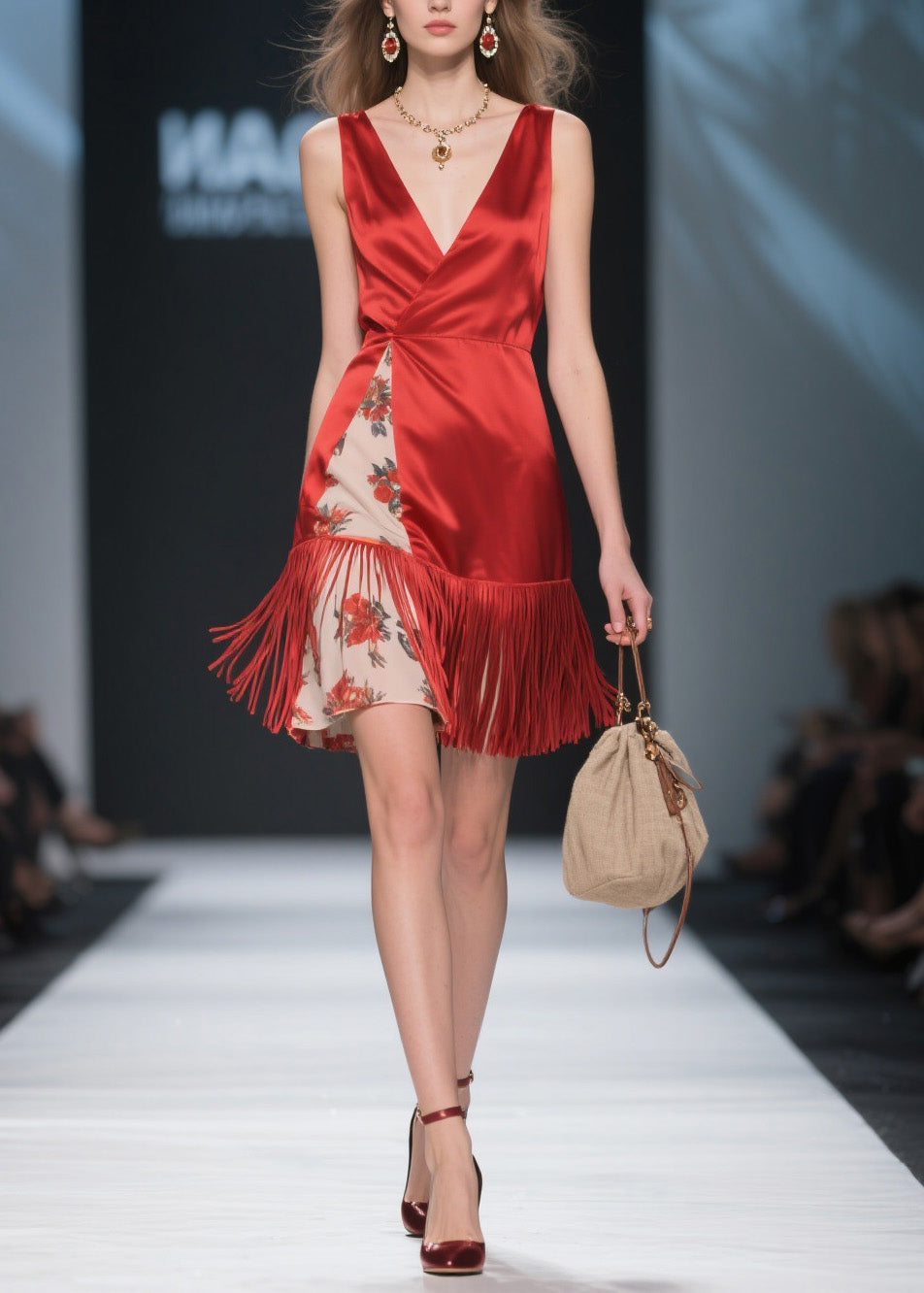 Classy Red V Neck Tassel Patchwork Silk Mid Dress Summer