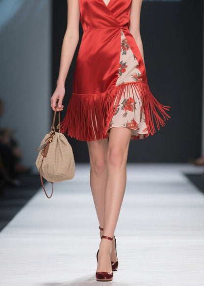 Classy Red V Neck Tassel Patchwork Silk Mid Dress Summer