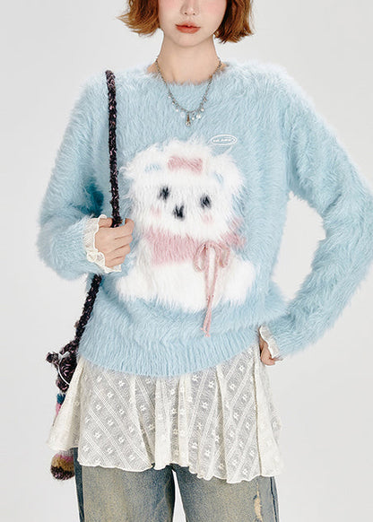 Classy Sky Blue Dog Fuzzy Fur Fluffy Knitted Tops Winter