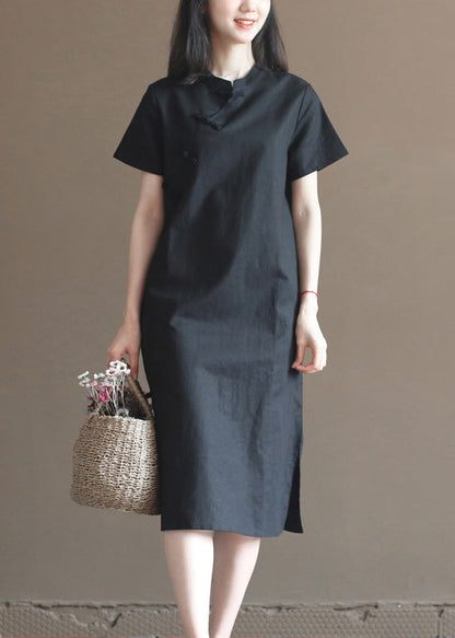 Classy Black Stand Collar Oriental Button Cotton Linen Cheongsam Dresses Short Sleeve