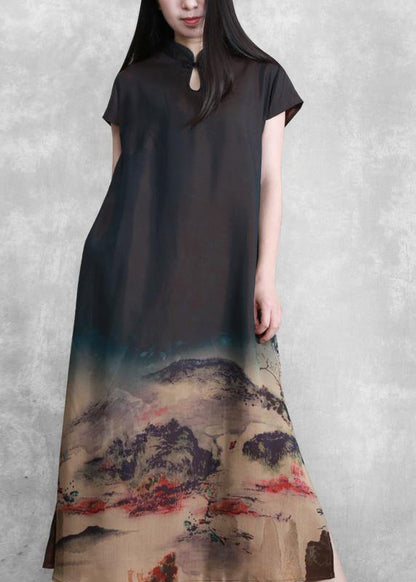 Mountain Paiting Satin Dress Long Summer Dresses