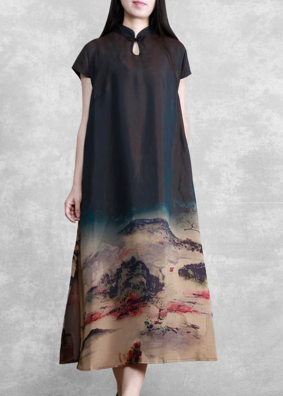 Mountain Paiting Satin Dress Long Summer Dresses