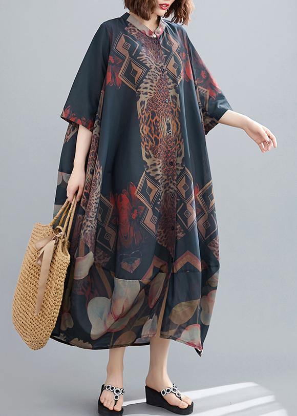 Classy Stand Collar Summer Dresses Ideas Black Abstract Pattern Long Dresses