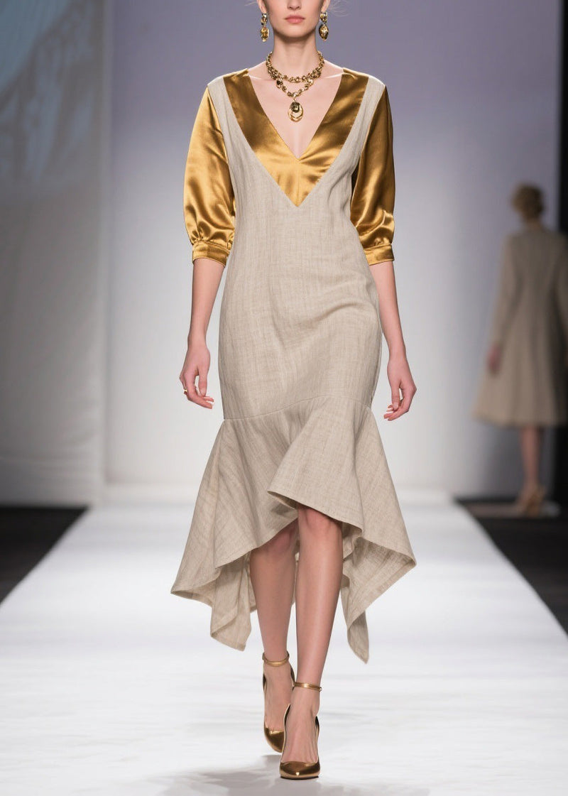 Classy V Neck Asymmetrical Patchwork Linen Silk Dress Summer